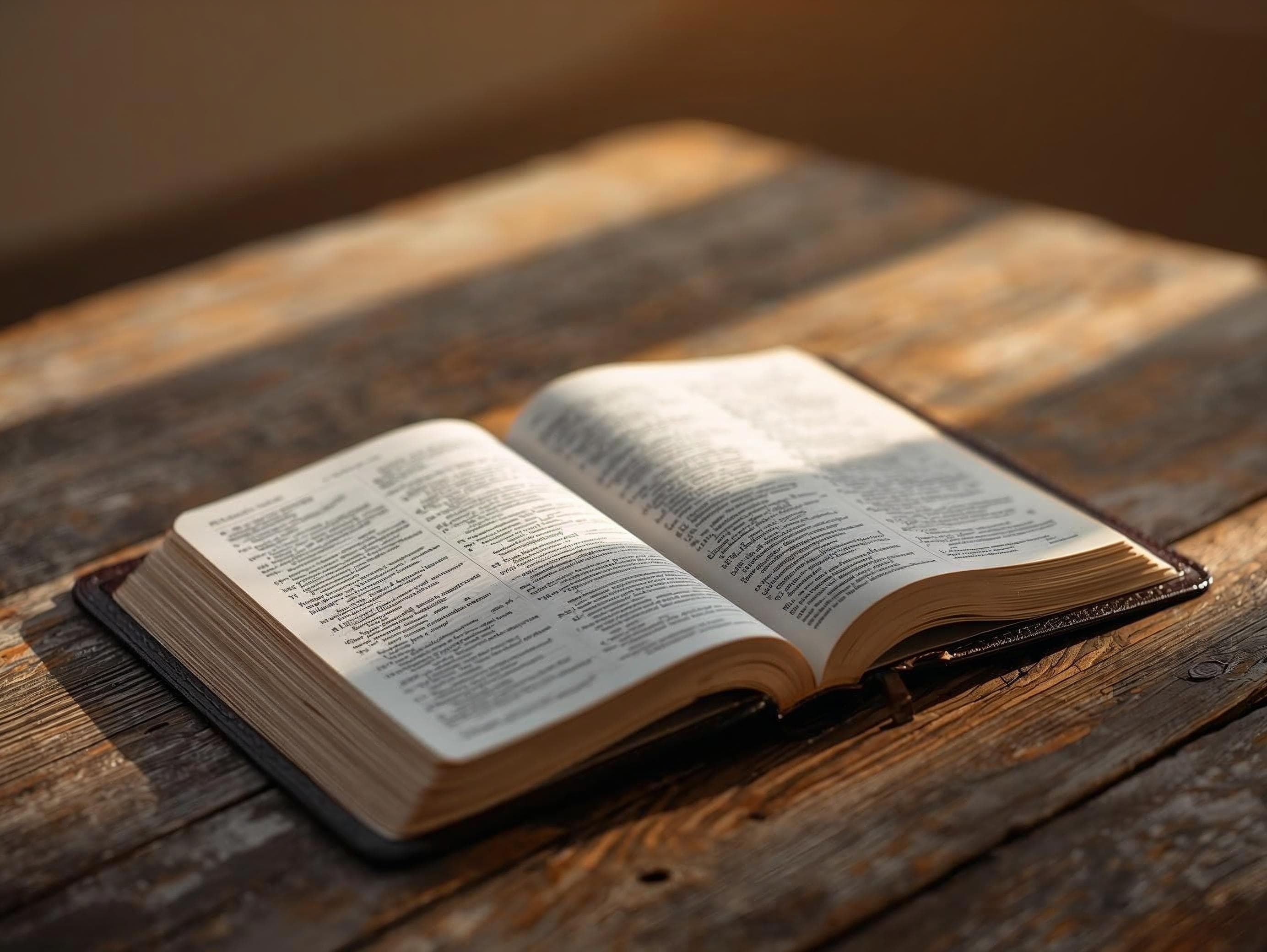 Open Bible on wooden surface